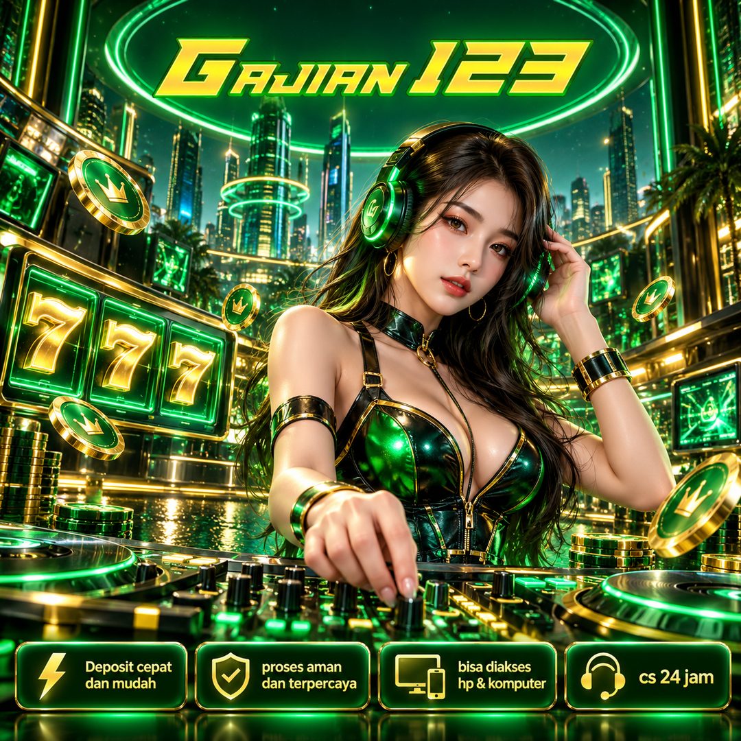 Banner GAJIAN123 hijau emas dengan DJ dan suasana kota futuristis